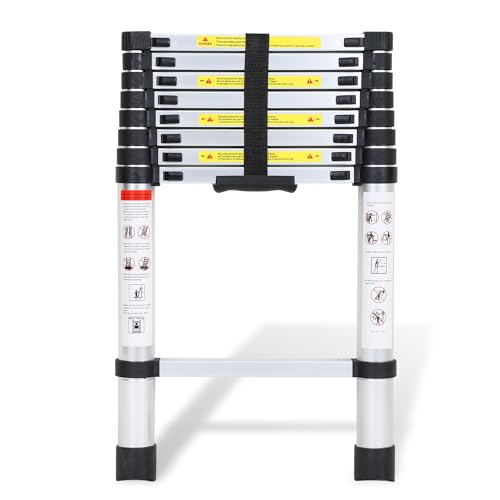 Fiqops Escalera telescópica de Aluminio, Escalera Extensible de 2,6 m, Escalera de Aluminio Antideslizante, Escalera Multiusos Extensible, 150 kg de Capacidad de Carga