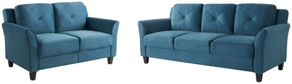 BOWERY HILL Transitional Set of 2 Solid Hardwood Frame Stationary Sofa and Loveseat in Blue Fabric Upholstery with Tufted Back Cushions