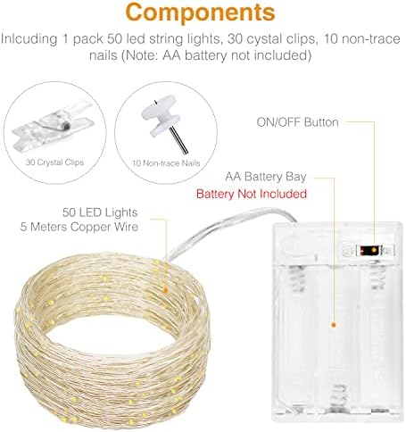 50 LED Photo Clip String Lights with Timer, 5M Photo Peg Fairy Lights with 30 Clips Battery Powered Hanging String Photo Frame Lights for Bedroom Birthday Wedding Party Christmas Decor (Warm White)