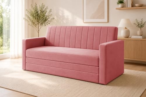 Image of Los Angeles Modern Velvet 3-Seater Sofa Cum Bed with Armrest, Multipurpose Convertible Sleeper Couch Sofa for Living Room, Bedroom & Office- Rose Pink Color