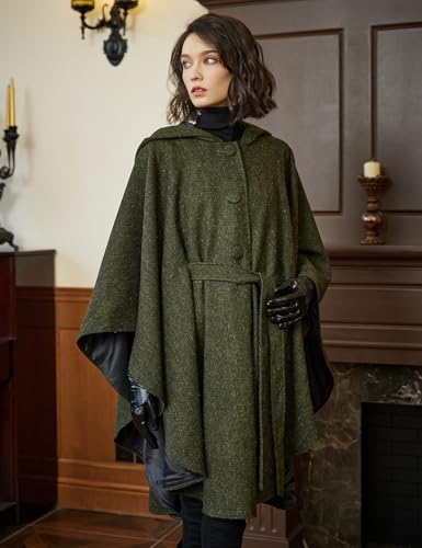 BEAUTELICATE Women Tweed Hooded Belted Cloak Buttons Closure Sleeveless Satin Lining Wool Poncho2