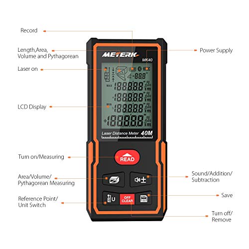 Laser Measure, Meterk 131 Ft M/In/Ft Mute Laser Distance Meter with Electronic Bubble Level, LCD Backlight Display and Measure Distance, Area and Volume, Pythagorean Mode - Battery Included