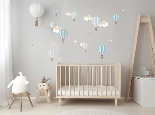 Live Vida Hot Air Balloon A4 Wall Art Stickers Blue – Whimsical Textile Stickers with Clouds and Stars – Reusable Peel & Stick Wall Decals for Nursery, Bedroom, Playroom Decor