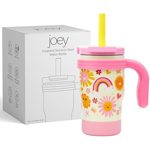 Joey 14oz Water Bottle with Handles for Kids Leakproof Insulated Double Wall Stainless Steel Tumbler Cup with Lid & Spill-Proof Straw, Silicone Sleeve, Keeps Drinks Cold (Pink & Yellow Floral Design) Cover