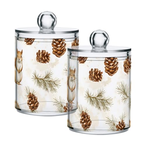 ALAZA 2 Pack Qtip Holder Dispenser for Cotton Ball Squirrel Pine Cone Swab Cotton Round Pads Clear Plastic Acrylic Jar Set Bathroom Canister