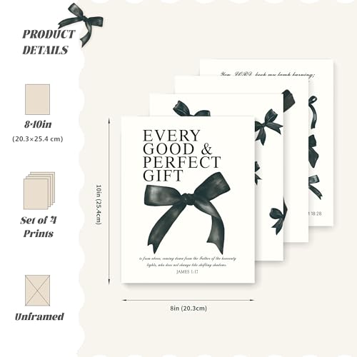 Image of LARTSFRO Coquette Black Bow Christian Gifts Wall Art Decor Posters for Women, Black Bow Bible Room Bedroom Bathroom Dorm Wall Art Decor Aesthetic for Teen Girls Gifts, Inspirational Bible Verses Bow Wall Decor, 10x8 Inch Set of 4 Pcs Bow Pictures (UNFRAMED)