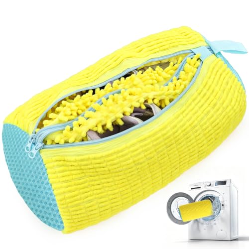 Dual Independent Compartments Shoe Washing Bag for Washer Dryer, Chenille Reusable Laundry Shoe Cleaner Bag for Sneakers Tennis Shoes, Yellow