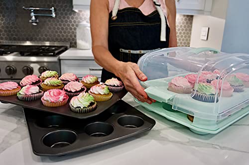 Top Shelf Elements Cupcake Carrier With Two Muffin Pan/Cupcake Pan Stylish Cupcake Carrier With Handle Carrier Holds 24 Cupcakes Muffin Tin Holds 12 Cupcakes Non Stick Cupcake Tray For Baking (Green) #TOP2