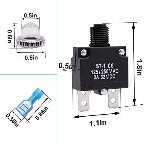 Mxuteuk 5Pcs 3Amp Circuit Breakers Push Button Manual Reset 125/250V Ac 32V Dc,Overload Protector Switch Thermal Circuit Breakers With Quick Connect Terminals And Waterproof Button Caps St1-5-3A #TOP1