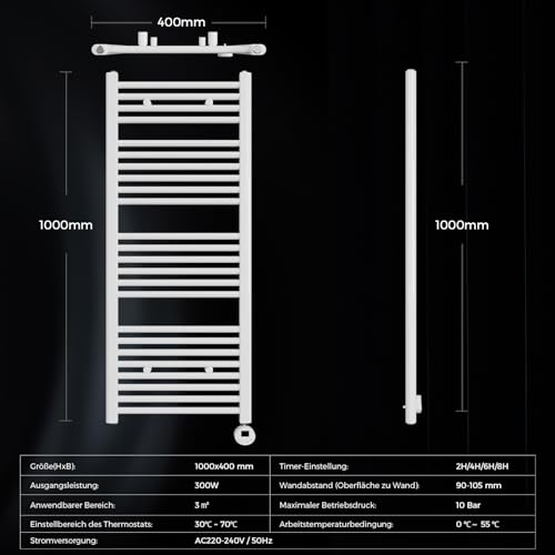 Heilmetz Badheizkörper Elektrisch 1000x400mm Badheizkörper Elektrisch mit Thermostat 300W Seitenanschluss Weiß gerade Badheizkörper mit Timer+Temperaturregler+Thermostat+LCD-Displays Energiesparend