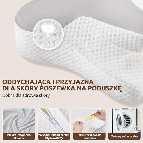 DONAMA Poduszka Ortopedyczna z Pamięcią Kształtu Poduszka do Spania na Boku dla Śpiących na Plecach i Brzuchu, Ergonomiczne Wsparcie Głowy Poduszka z Pranym Poszwą, 66x37x13 cm, Szaro Biała