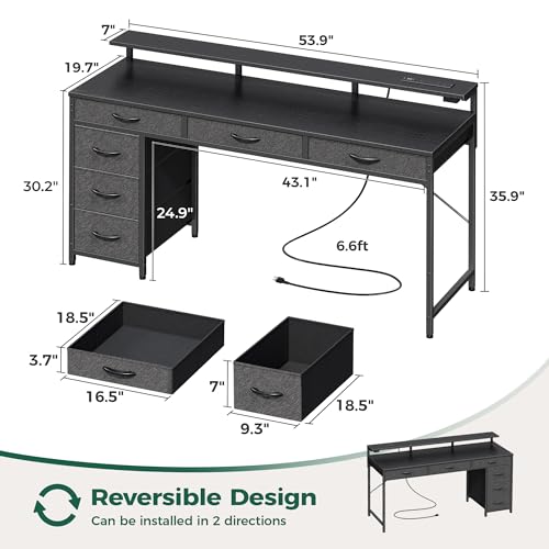 Huuger Gaming Desk with 6 Drawers, Computer Desk with LED Lights Power Outlets and Type-C, 55 Inch Office Desk with Storage, Monitor Stand, Writing Desk Work Desk Home Office, Bedroom, Study, Black by Huuger - Image 3