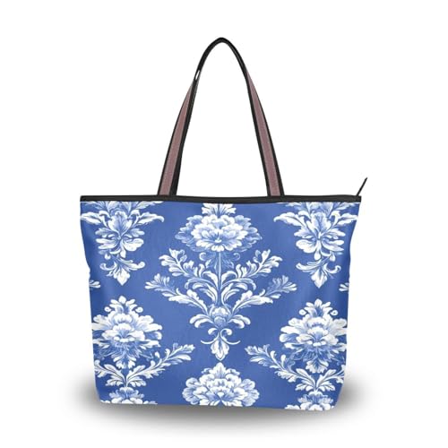 Ewusp Bolso de mano con patrón de damasco para mujer, de lona, con cremallera, casual, para viajes, compras, trabajo, a, 17.72' L x 13.0' H x 5.2' W