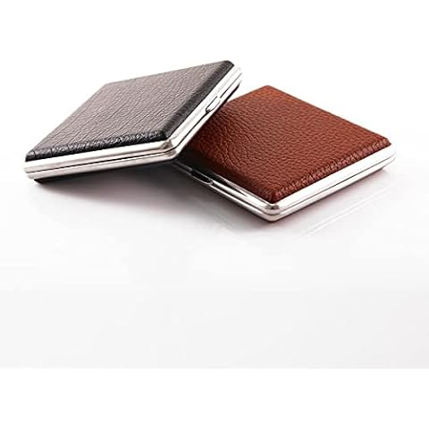 2Pcs Cigarette Case for Roll Ups Cigarette Tin Leather Cigarettes Holder for Men,Women Slim Rolling Cigarette Box Cases With Stainless Steel Metal Frame(Black & Brown/Holding 20Pcs Cigarettes) Cover