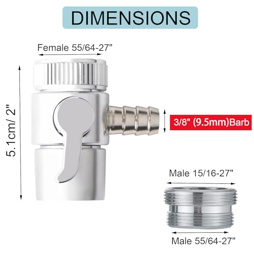 2 Pack Faucet Diverter Valve, 9.5mm Barb for 3/8" ID Flexible Hose, Countertop Water Filter Adapter with Solid Brass Handle, M22 Male to M24 Male Adapter Rings, Clamps & Extra Washers by Tsinghwang - Used condition - Image 2