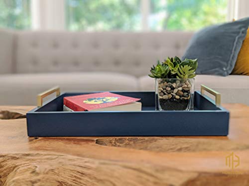Montecito Home Decorative Coffee Table Tray - Ottoman Tray - Breakfast, Drinks, Liquor Serving Platter - from Farmhouse to Modern - Matte Finish - Champagne Gold Handles - Twilight Blue - Thumbnail 5