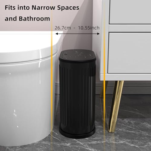 Image of KSSKSS 1.8 Gallons Small Stainless Steel Trash Can with Press Type Lid, Slim Bathroom Garbage Bin, Removable Liner Bucket, Dog Proof Narrow Wastebasket with Pop-Up Lid for Bedroom,Toilet (Matt Black)