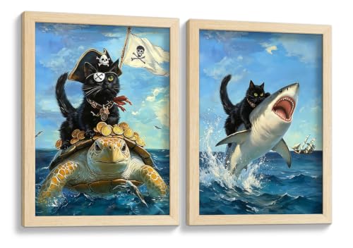 2Pcs Frame Funny animal Bathroom Canvas Wall Art Black Cat Riding Turtle Shark Poster Prints Pirate Cat Nautical Painting Picture for Bathroom Wall Decor8x10 Inch Ready To Hang