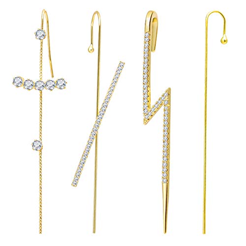 4PCS/Set Gold Ear Cuff Wrap Crawler Hook Earrings for Women Girls 14K Unique Long Earrings Hypoallergenic Stud Climber Earrings