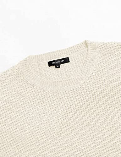 Merokeety Women's Long Sleeve Waffle Knit Sweater Crew Neck Solid Color Pullover Jumper Tops Beige #TOP7
