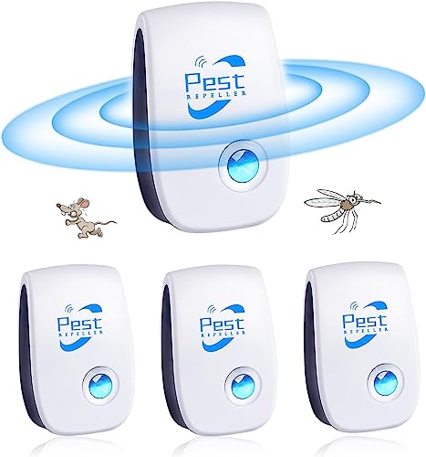 Repelente Ultrasónico de Plagas, 4 Pack Electrónico Repelente Mosquitos Control de Plagas, Repelente Ultrasónico Mosquitos para Interiores, Moscas, Ratones, Cucarachas, Arañas, Roedores