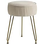 IBUYKE Velvet Vanity Stool Ottoman, Round Footrest Chair, Makeup Dressing Table Seat, Pouf Couch Stool, for Living Room, Golden Steel Legs, Creamy-White L/G-30M