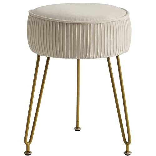 IBUYKE Samt Runde Fußstütze Hocker Ottoman, Make-up Eitelkeits Beistelltisch, Samt Ankleidetisch Sitz, Pouf Couch Hocker, goldene Stahlbeine, cremeweiß L/G-30M