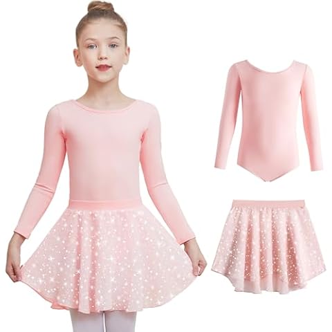 DIPUG Long Sleeve Ballet Leotards for Girls Dance Dress Removable Skirt with Shiny Star Pink 4-6 Years Cover