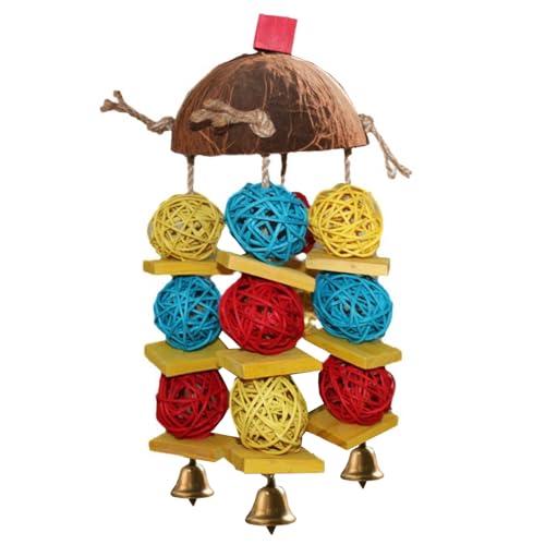 BlazeNex Giocattolo da masticare per uccelli grandi, palline multicolore con supporto in noce di cocco, accessorio per pappagalli, cacatua e aras (colorato)