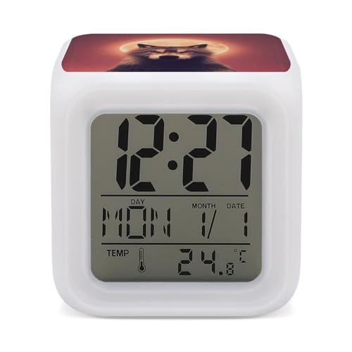 Wolf And The Moon - Reloj despertador digital para dormitorio, pantalla LED, alarmas de noche