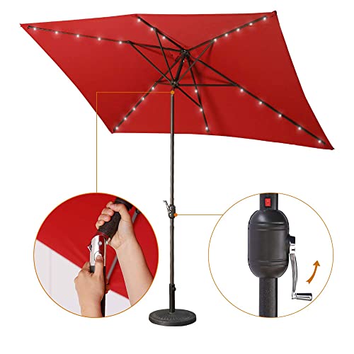 Aok Garden 6.5Ft × 10Ft Solar Led Lighted Patio Umbrella With Push Button Tilt And Sturdy Aluminum Ribs For Deck Lawn Pool & Backyard - Red #TOP3