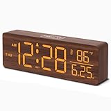 DreamSky Wooden Digital Alarm Clocks for Bedrooms – Large Display Desk Clock with Date & Day of Week for Living Room, Temperature, Dimmer, Adjustable Volume, Auto DST, Office Wood Décor (Plug-in)