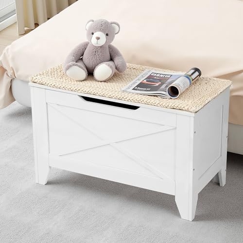 VECELO 30" Storage Chest with Lift Top Storage, Farmhouse Style Ottoman with Handwoven Wicker Cushion, Safety Hinges, Ideal for Entryway, Bedroom, Living Room, Ivory White by VECELO - Image 2