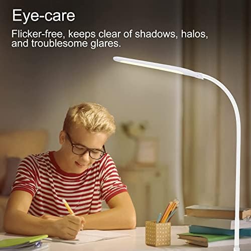 Desk Lamp, HAILOLY Gooseneck Desk Lamp, Swing Arm Light with Clamp,3 Color Modes, Stepless Dimming, Flexible Adjustable Architect Desk Lamp for Home/Office/Learning/Crafting, White