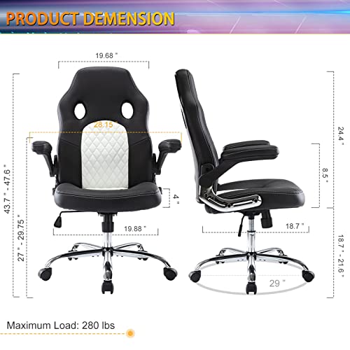 Image of Gaming Office Chair - PU Leather Executive Swivel Computer Desk Chair with Flip-up Armrests and Lumbar Support for Working, Studying, Gaming