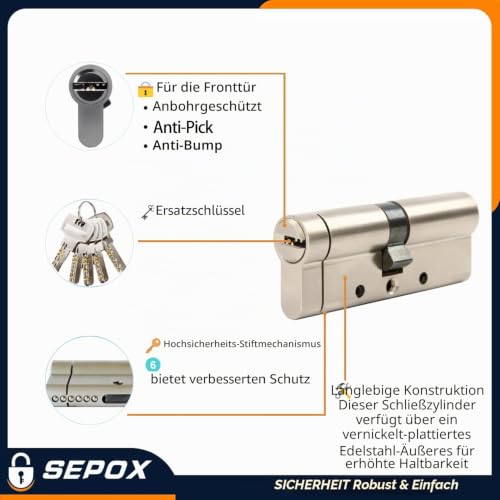 SEPOX® 70mm(35/35) Anti-Snap Euro-Türzylinder, Hochsicherheits 6-Stift, Messingkörper, Edelstahl...