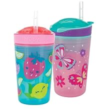 Nuby All in One Snack Bowl and No Spill Soft Straw Cup - 2 Pack Pink Butterflies & Aqua Fruits - Snack N Sip, Holds 4.5 oz Container with Lid and 9 oz/ 270 ml Straw Cup 12 Months +