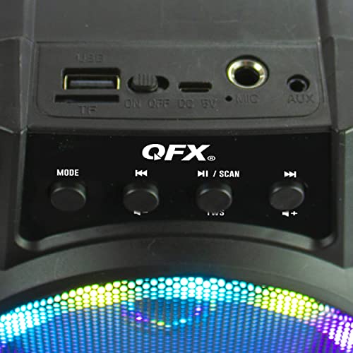 QFX BT-64 TWS Bluetooth Rechargeable Portable Speaker with 4” Woofer LED Party Lights, Microphone Input, AUX Input, USB Port, TF Card Slot, Black by QFX - Used condition - Image 6