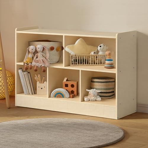 Image of Wooden Kids Storage Cabinet, 5-Section Toddler Montessori Bookshelf, Kids Organizer for Classroom, Playroom, Kindergarten, Medium Size