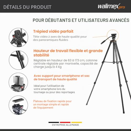 Walimex Pro Trépied Vidéo 173 Cm Avec Support Smartphone 2 Directions Panoramique 360° Pour Caméras Dslr Et Sm - vue 3