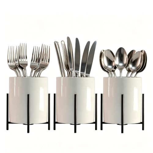 SIEBOLD Kitchen Utensil Holder,White Ceramic Silverware Caddy With Golden Metal Frame Chic & Modern Kitchen Cooking