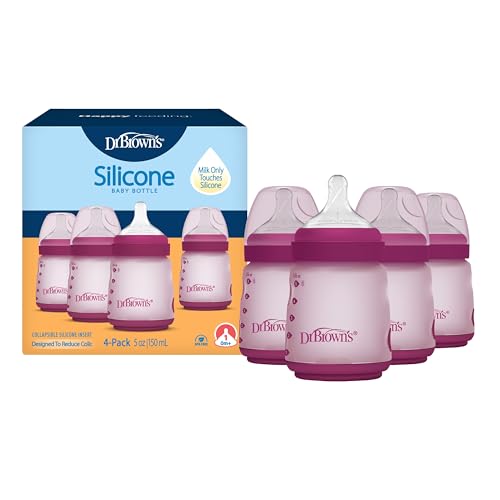 Dr. Brown's Silicone Baby Bottle with Collapsible Insert Designed to Reduce Colic, 5 oz with Wide-Neck Level 1 Slow Flow Nipple, 0m+, Pink, 4-Pack