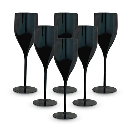 BRYNA - Set 6 St&uuml;ck Gl&auml;ser Flute 18 Cl aus Polycarbonat (Hartkunststoff), 100% italienisches Design, Unzerbrechliche Gl&auml;ser, wiederverwendbare und sp&uuml;lmaschinenfeste Weingl&auml;ser, Schwarz