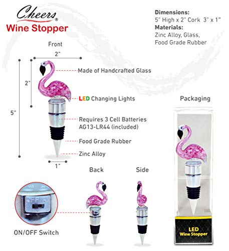Cheers Glass Wine Stopper - Multi-Color Led Light Up Metal Novelty Wine Corks Toppers - Decorative Reusable Wine Bottle Stopper Gift - Champagne Stoppers For Party Favors, Bar Accessories - Flamingo #TOP1