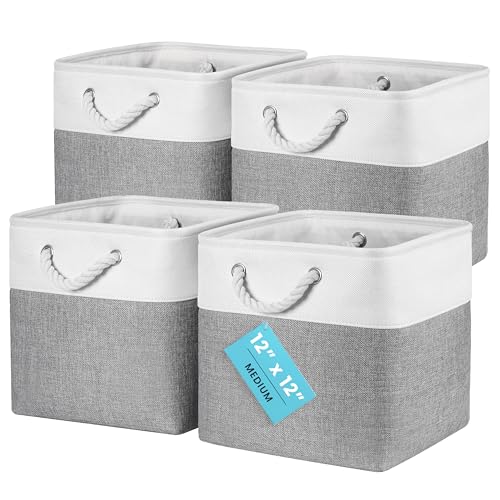 OrganiHaus 12x12 Cube Storage Bins 4 Pack, Foldable Cube Storage Organizer w/ Rope Handles, Collapsible Fabric Bins for Toys, Clothes & Closet Organization, Fabric Square Baskets - Gray/White