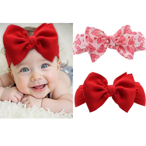 Infant bows Baby girls Bows Red& Pink Heart Headband, Newborn Soft Baby Hairband, One sizes fits All Baby (pink love&red)