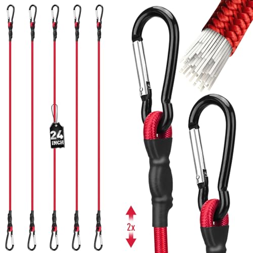 5-Piece 24 Inch Bungee Cords with Carabiner Hooks Heavy Duty Rubber Elastic Tie Down Straps Bungee Cord with Carabiner Clips for Cargo Truck Bed Camping Motorcycle and Outdoor Use (Red)