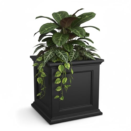 Mayne Fairview Self Watering Planter Box - 20 Inch Large Square Classic Inset Panels New England Architecture Double Wall UV & Weather Resistant for Indoor and Outdoor Use Black