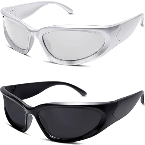 knliwkm 2 Pairs Y2K Wrap Around Sunglasses Sports Futuristic Oval Glasses for Women Men Trendy Fashion Shades Silver Cover