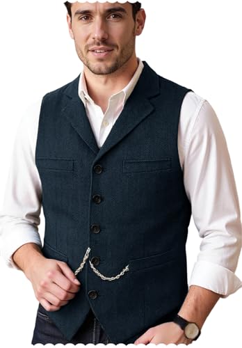 Men's Herringbone Tweed Suit Vest Vintage Style Wool Blend Waistcoat for Wedding Prom Groomsmen